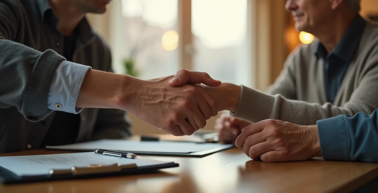 Mains de conseiller et senior échangeant des documents administratifs