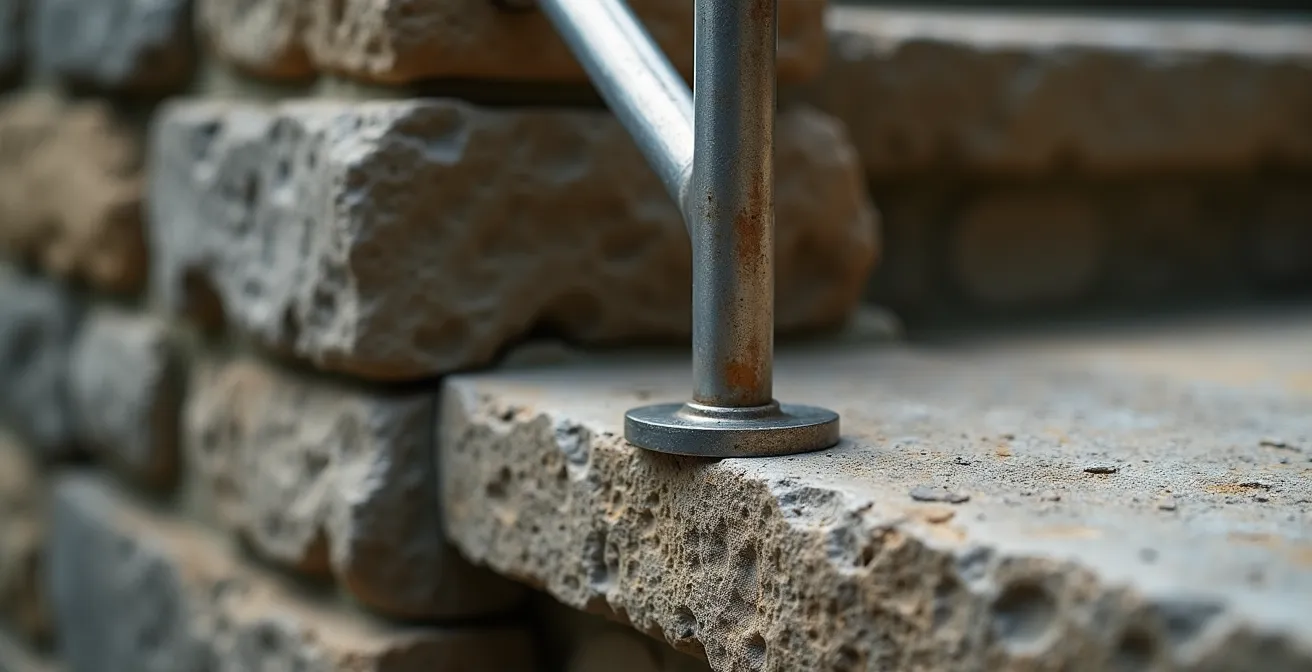 Détail macro d'une fixation de rail sur escalier en pierre ancienne