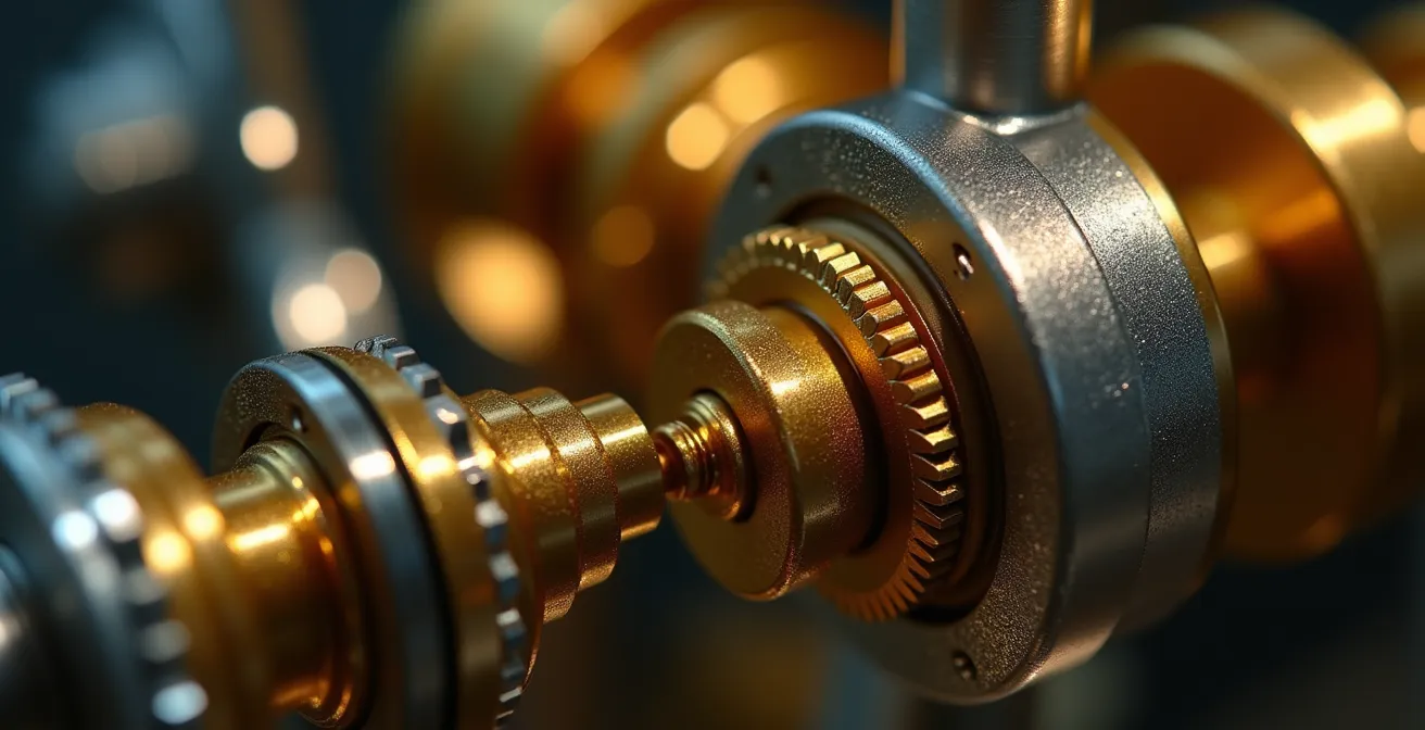 Vue macro sur mécanisme hydraulique doré d'un système d'ascenseur moderne