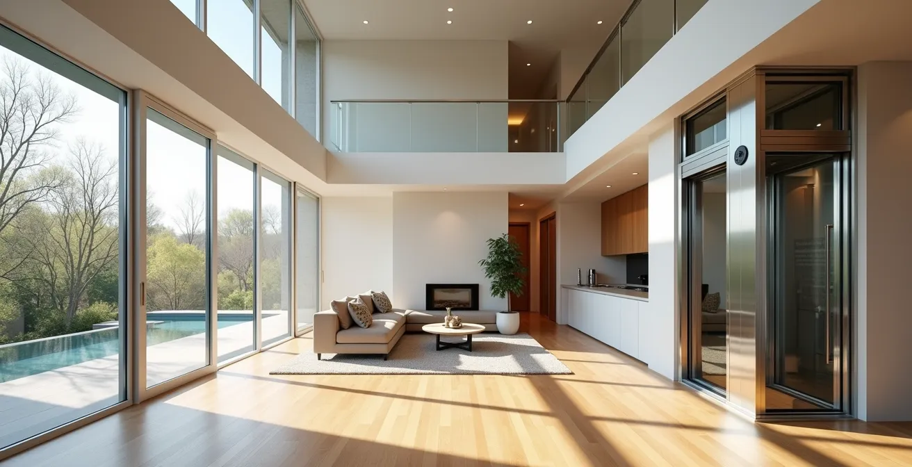 Intérieur architectural moderne avec ascenseur vitré intégré dans espace de vie lumineux