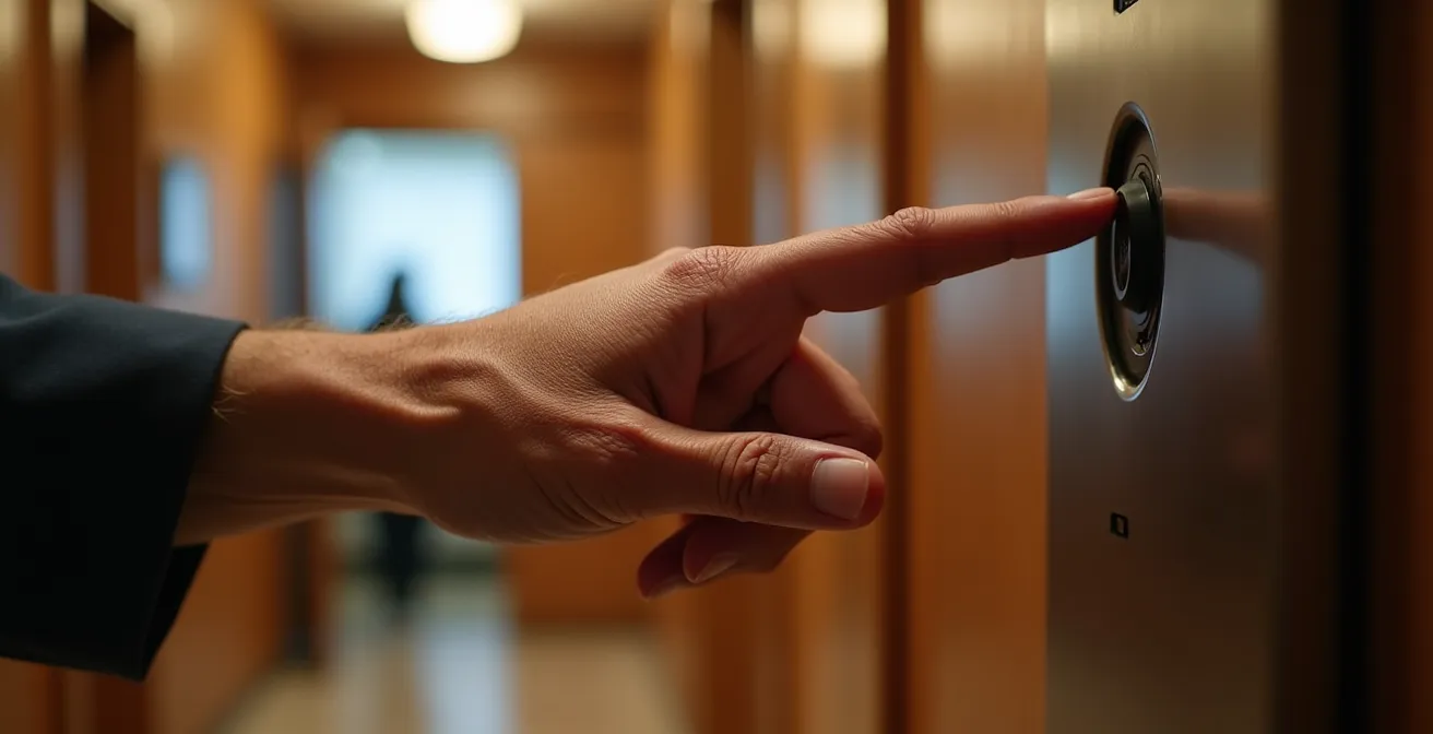 Main âgée appuyant sur bouton d'appel d'ascenseur moderne